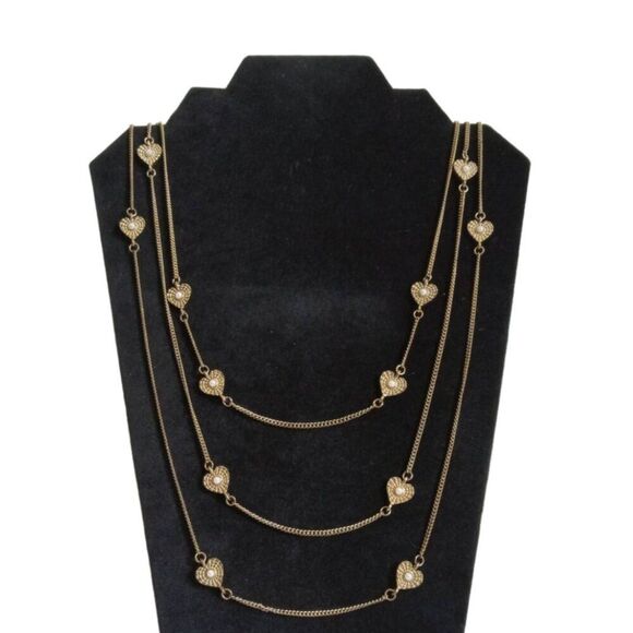 Heart Shaped Gold Toned Metal Charms Multi-Strand Chain Statement Style Necklace - Picture 1 of 12